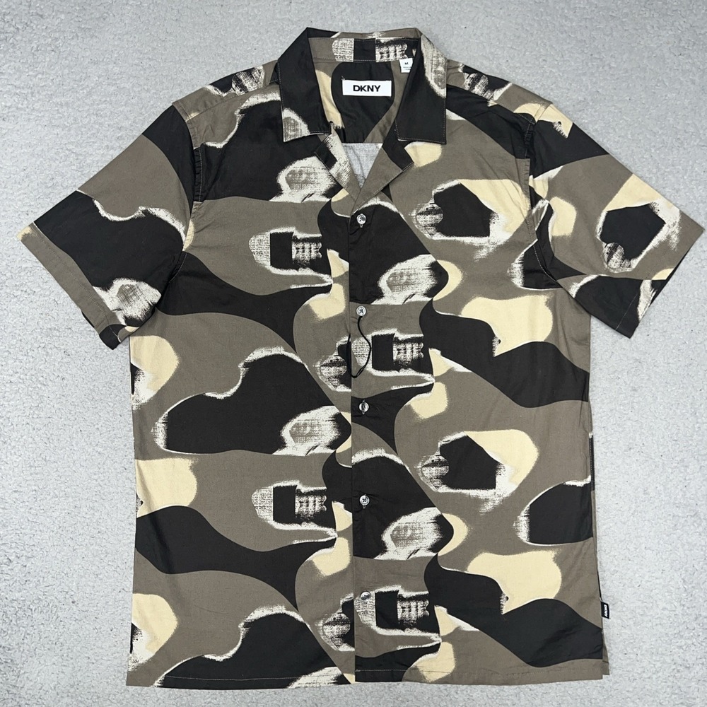 DKNY Tab Camp Shirt Men's Sz M Camo Brushstroke Abstract Short Sleeve Button Up